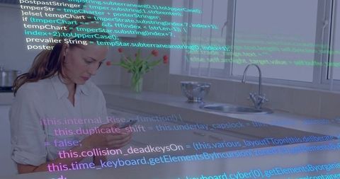 Woman Scrolls Smartphone in Modern Kitchen with Floating Digital Code