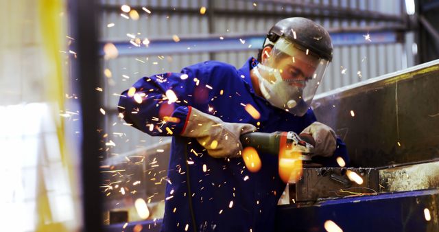 Worker grinding metal in industrial workshop, creating sparks. Ideal for use in articles or materials related to manufacturing, engineering, industrial safety practices, or showcasing skilled labor and craftsmanship in action.