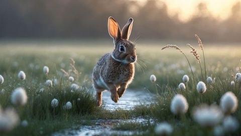 Wild brown cottontail rabbit leaping in lush rural meadow