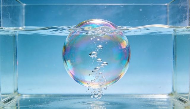 Iridescent soap bubble floating on waterline releasing air bubbles in glass tank