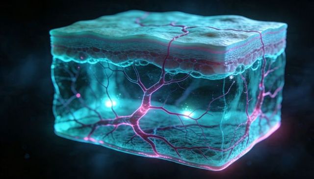 Neon cross-section of human skin displaying layered epidermis and glowing vascular network