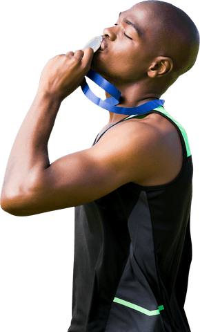 African American Athlete Kissing Medal on Transparent Background