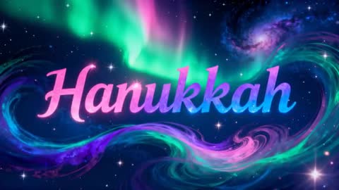 Hanukkah Greeting Shimmering Across Cosmic Sky, Revealing Aurora Bands and Nebula Swirls