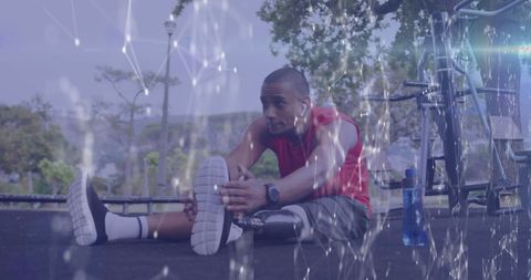 Athlete with prosthetic leg exercising and digital communication overlay