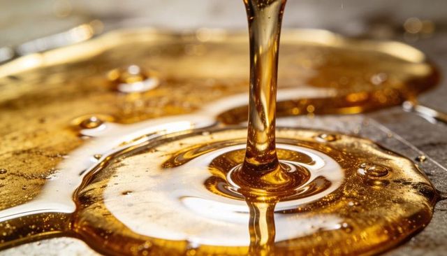 Amber syrup pouring into glossy ripples forming viscous honey stream with bubbles