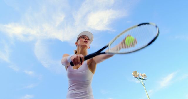 Female tennis player hitting tennis ball with racquet during match on outdoor tennis court with blue sky. Perfect for use in sports and fitness articles, promotional material for tennis tournaments, training manuals, or blogs focusing on women in sports and physical activity.