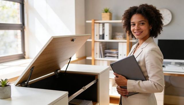 Smiling professional holding laptop by lift-top desk in modern sunlit minimalist office