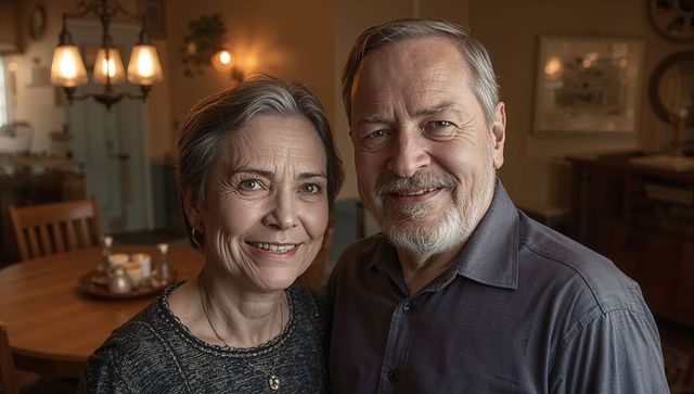 Senior couple smiling and embracing in cozy dining room with warm pendant lighting
