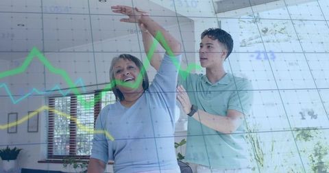 Caregiver guiding senior woman raising arm with wearable health data overlay for rehab