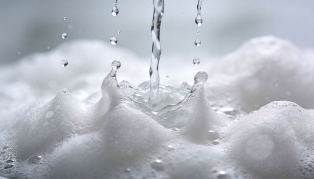 Macro droplets colliding with white foam creating crown splash and glassy ripples