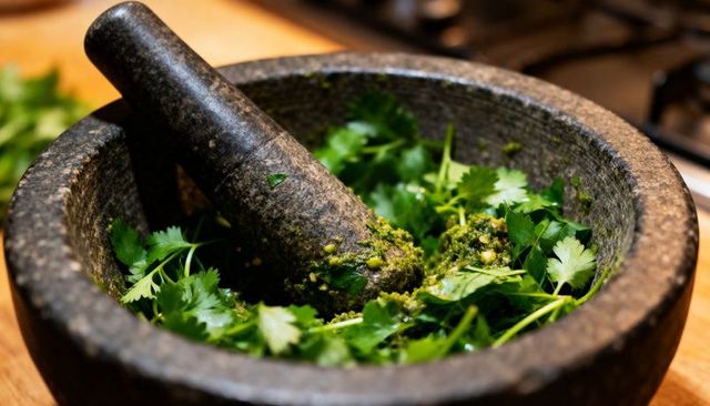 Stone mortar and pestle grinding fresh cilantro into vibrant green herb paste on countertop