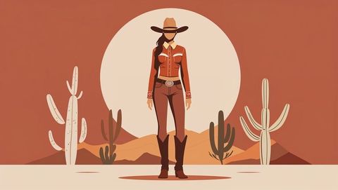Stylish cowgirl standing in desert sunrise with cacti