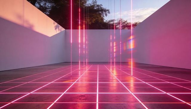 Magenta neon grid courtyard with vertical light columns futuristic minimalist installation