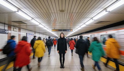 Woman standing still amid rushing commuters on subway platform with motion blur