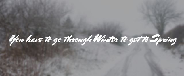 This image features an inspirational quote set over a photograph of a snowy road that leads into the distance. The image captures the essence of perseverance and the journey through challenges, emphasized by the transition from winter to spring. Ideal for use in motivational posters, social media content, blog posts about resilience and determination, or any other setting that aims to inspire and invoke a positive mindset.