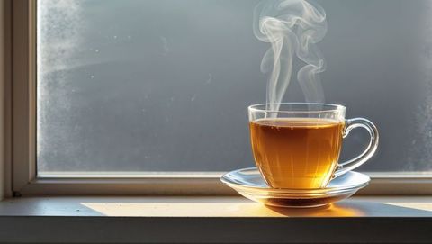 Steaming glass cup of tea on sunny windowsill
