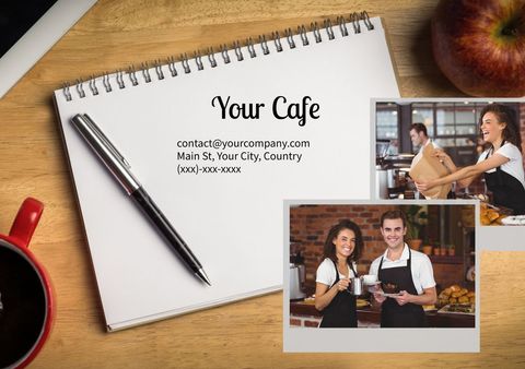 Cozy café marketing template with friendly staff and contact details