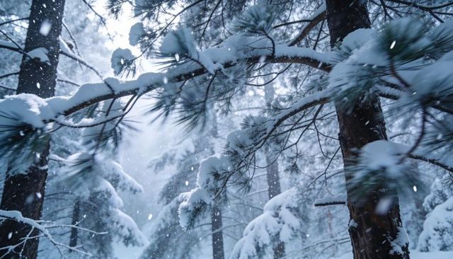 Snow-covered pine branch in misty forest with falling snowflakes winter scene