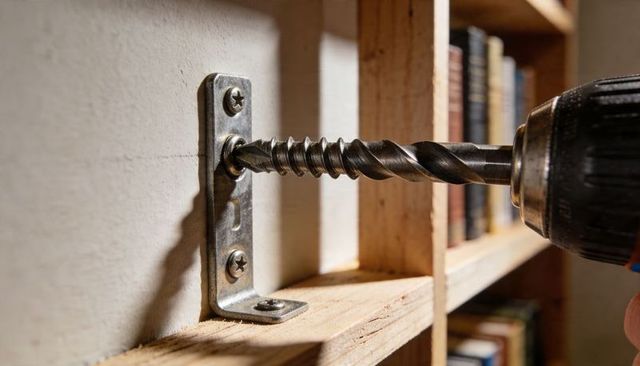 Power drill driving large screw into l-bracket on wooden shelf close-up for bookcase assembly