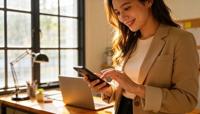 Young professional checking smartphone in sunlit office with laptop and workspace details