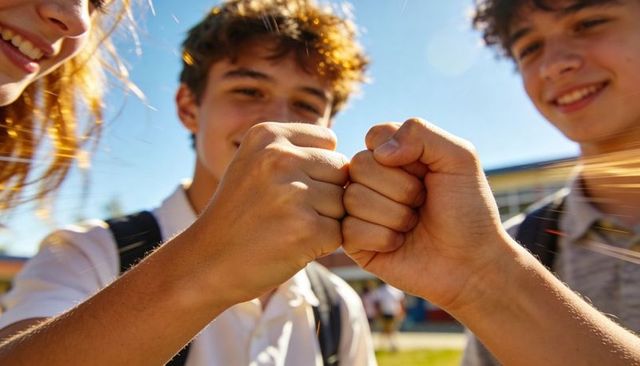 Sunlit high school students fist bumping on campus celebrating friendship and teamwork