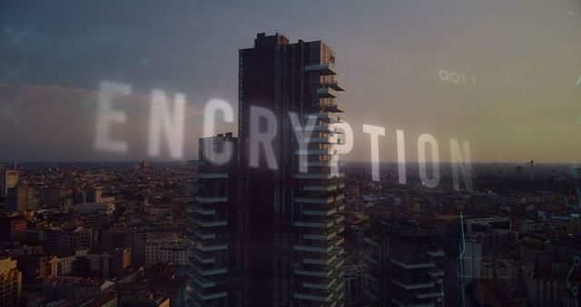 Encryption concept with high-rise building at sunset cityscape