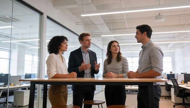 Business team collaborating and sharing ideas around standing table in modern glass office
