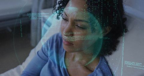 Serene woman with curly hair reclining with holographic globe and digital code overlay