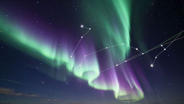 Majestic aurora borealis with constellation overlays on night sky