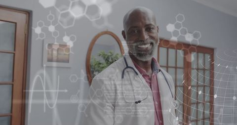 Smiling African American Doctor with Medical Data Overlay