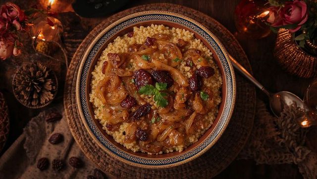 Caramelized onion couscous with raisins in ornate ceramic bowl on rustic wooden table
