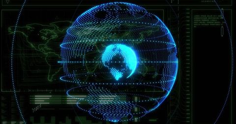 Projecting holographic globe with inner core and orbital rings on cyberpunk HUD dashboard