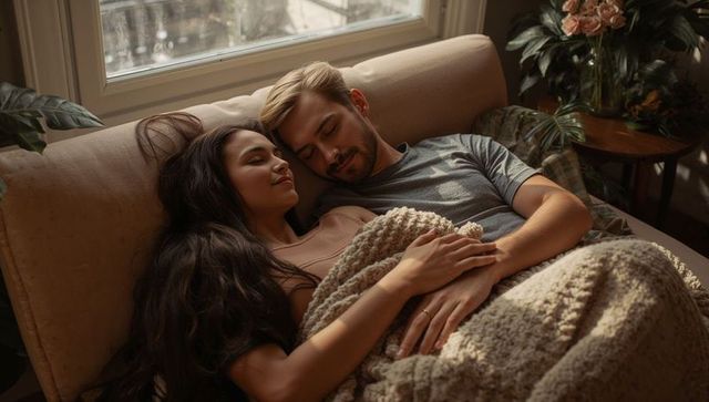 Couple cuddling on sofa by window under knit blanket showing engagement ring, cozy romance