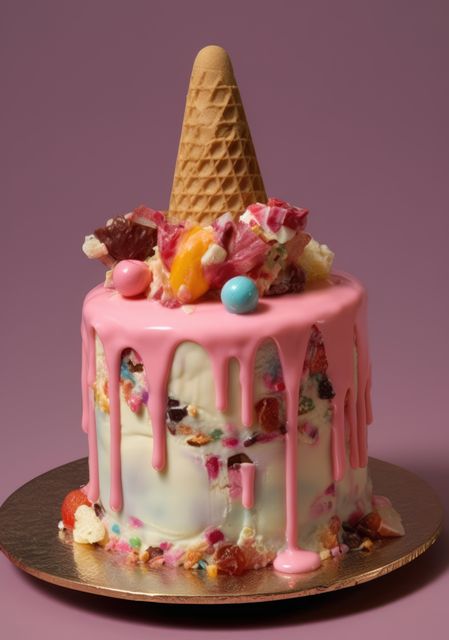 Ice cream cake with pink icing, waffle and sweets on top, created using generative ai technology. Cake, celebration, treat, sweet food and deserts concept digitally generated image.