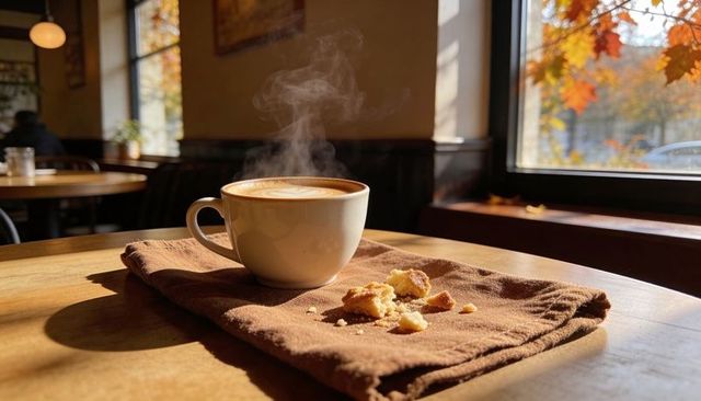 Steaming latte with latte art on wooden table by sunlit window, autumn cafe mood
