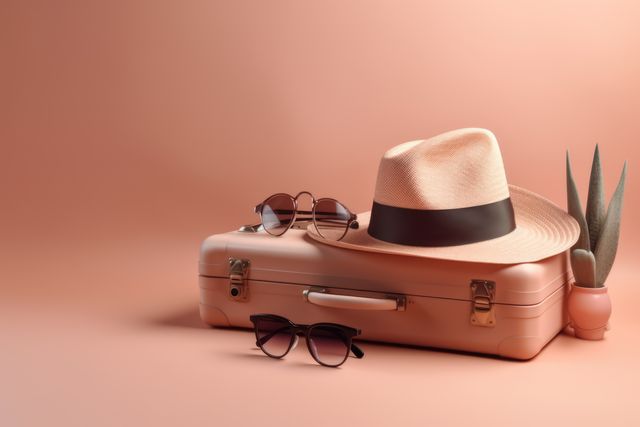 Sunglasses, hat, suitcase and plant on peach background, created using generative ai technology. Travel, adventure, exploration and vacations, digitally generated image.