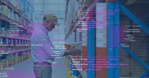 Warehouse worker inspecting box with digital code overlay on blue storage racks
