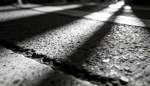 Sunlit rough tile catching light with granular pavement texture and diagonal shadows