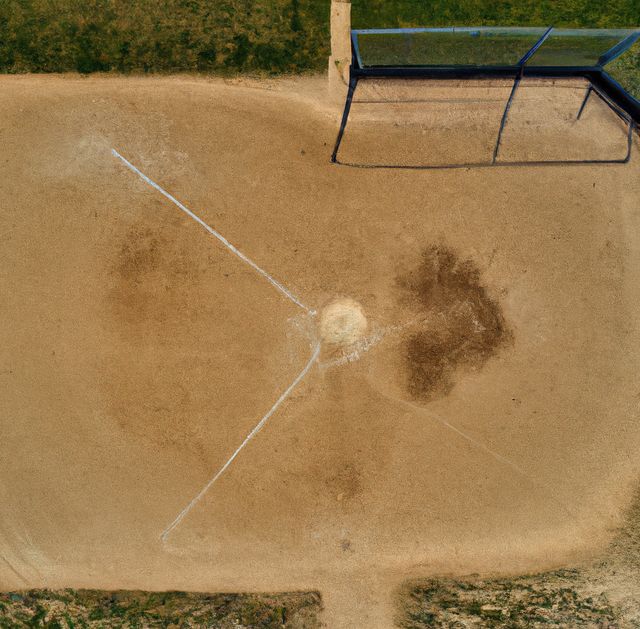 Aerial view shows home plate area of baseball field with dirt surface, faint line markings. Ideal for sports-related articles, educational materials explaining baseball field structure, or advertisements for sports equipment.