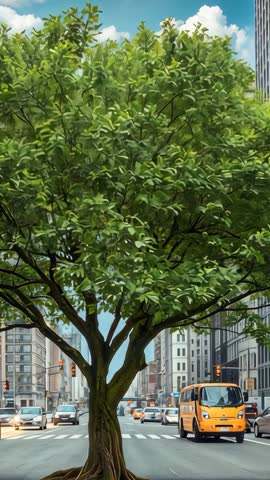 Vertical urban traffic clip with street tree canopy and yellow van passing green light