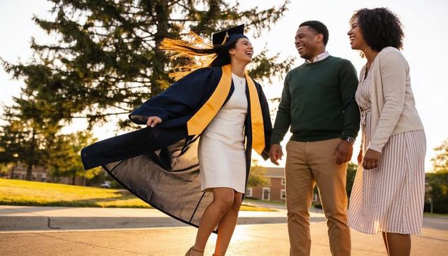 Leaping college graduate in cap and gown cheering with smiling family at golden sunset
