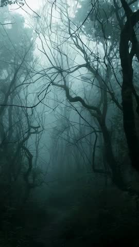 Vertical video advancing through twisted branches along misty path, building suspense