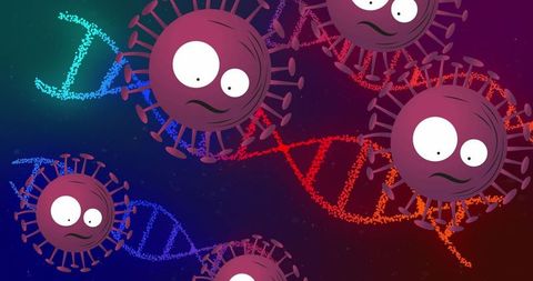 Cartoon virus particles with dna strands in digital molecular atmosphere