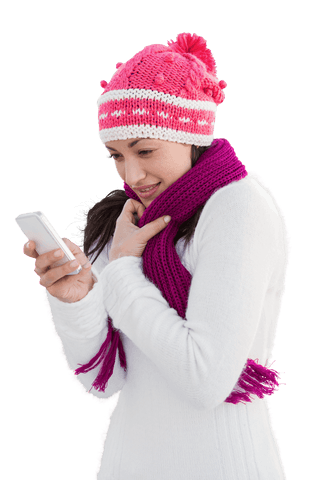 Woman Wearing Winter Hat Using Smartphone on Transparent Background