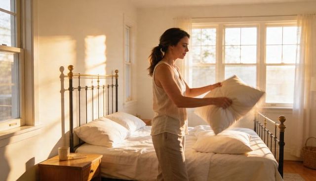 Woman fluffing pillow in sunlit minimalist bedroom morning routine calm home interior