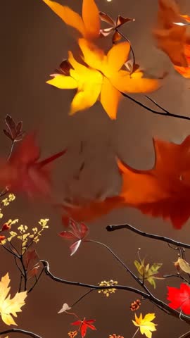 Falling Autumn Maple Leaves Drifting Past Dark Branches Vertical Video