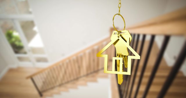 Golden House-Shaped Key over Stairs in Modern Home - Download Free Stock Images Pikwizard.com