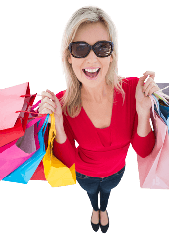 Cheerful Woman Holding Multiple Colorful Shopping Bags Transparent