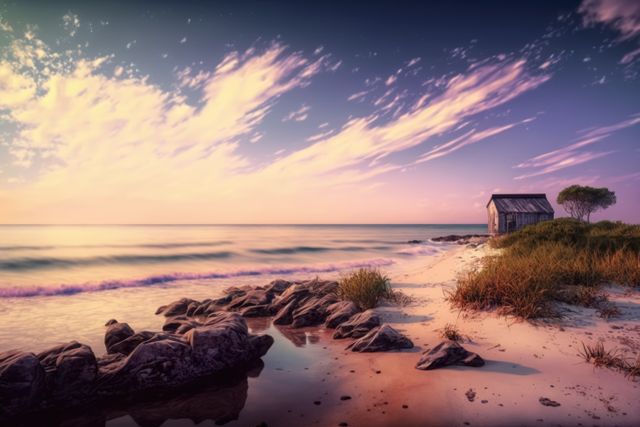 Rustic beach shack stands on calm coast during serene sunset. Ocean waves gently hit shoreline, rocks, and tall beach grass, creating tranquil and picturesque scene. Ideal for travel blogs, nature magazines, coastal living publications, or relaxation-themed designs.