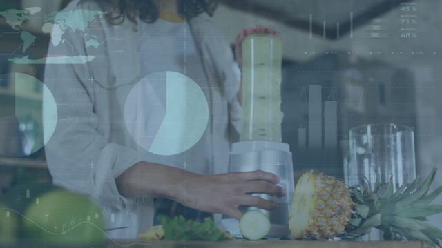 Scene showcases a woman making a pineapple and cucumber smoothie while financial data overlay reflects integration of healthy lifestyle and technology. Useful for promotions in health tech innovation, modern lifestyle, wellness apps, and financial data visualization.